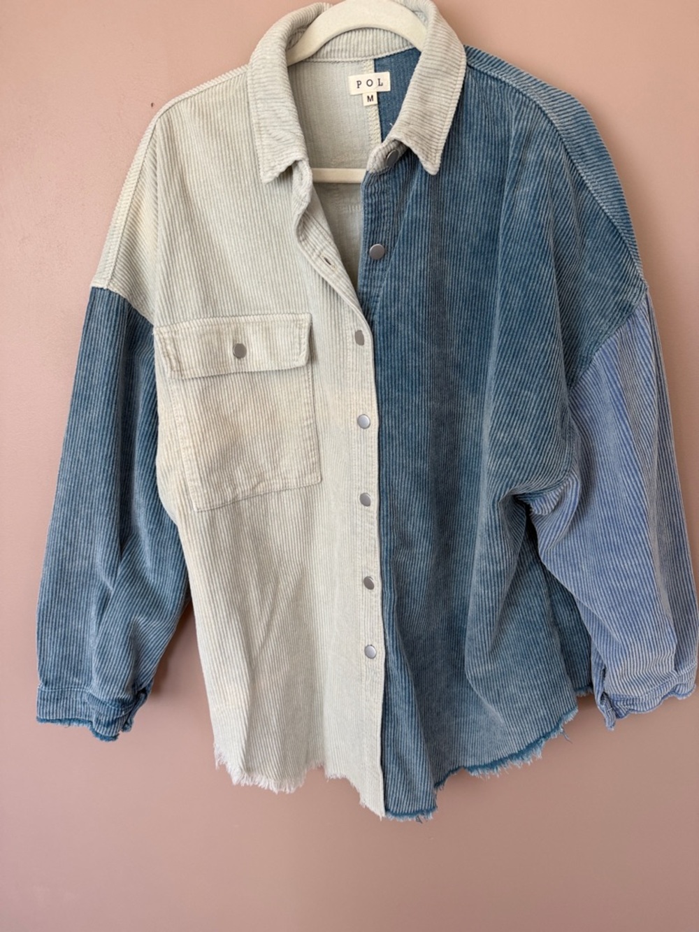 POL Balloon Sleeve with contrast color Corduroy Jacket with Frayed Hem